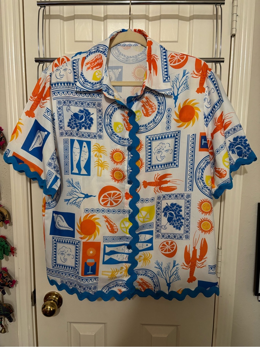 NWOT Commense Tropical Print Short-Sleeve Set in Blue & Orange - Small